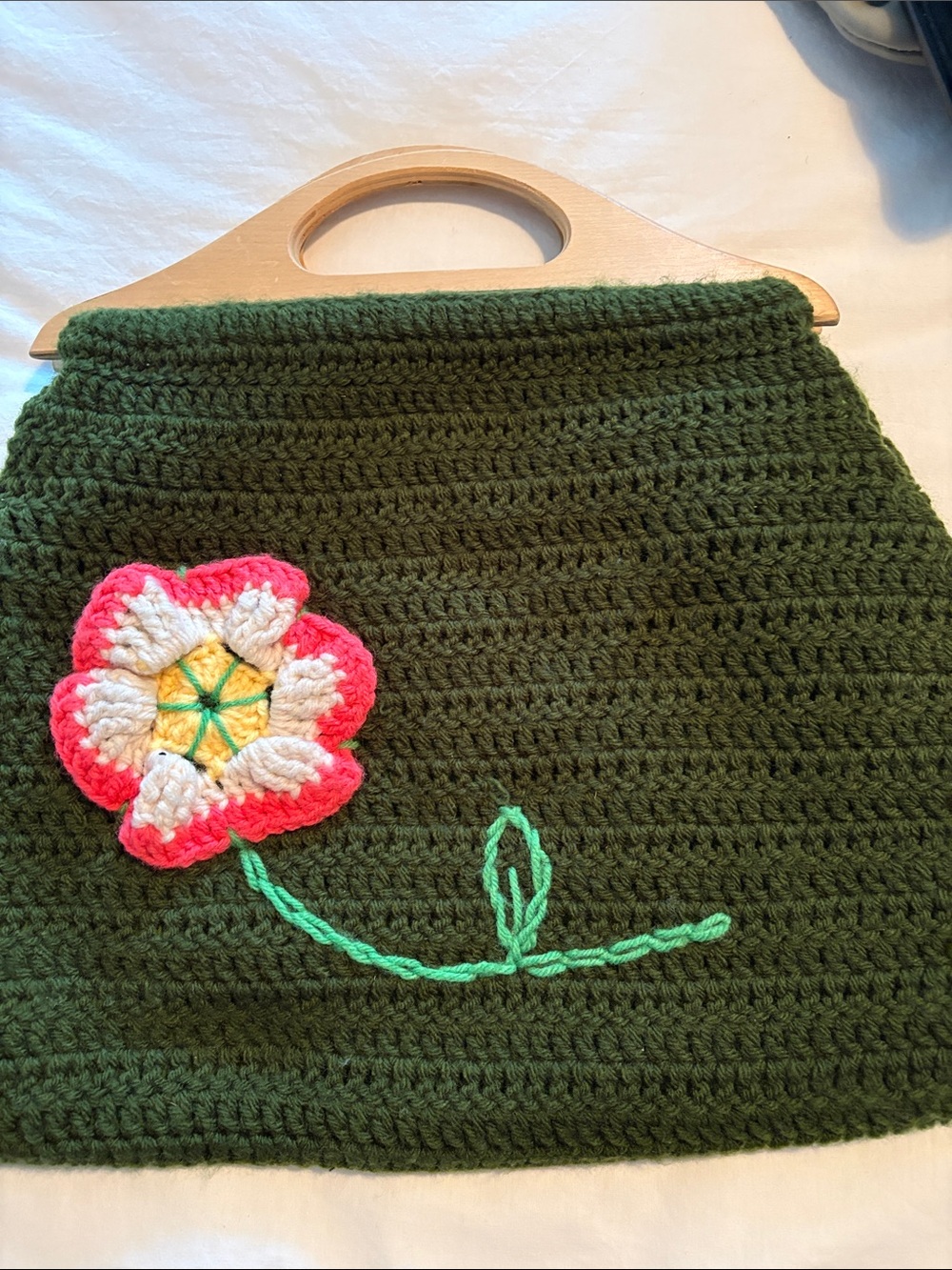 Hand-crocheted Olive Green Tote with Floral Applique